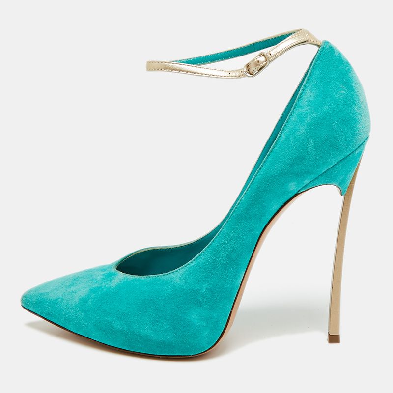 Casadei Blade Size 38 Sea Green/Metallic Leather And Suede Ankle Strap Pumps